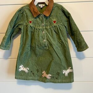 Green Corduroy Dress with Horse Appliqué